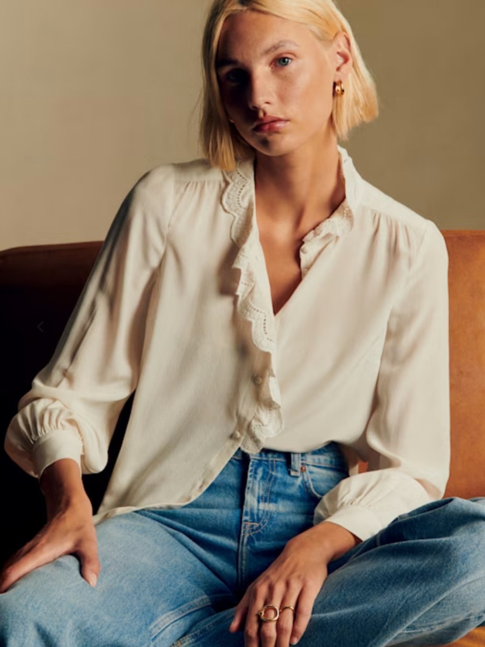 Sezane CHLO SHIRT Silk Cream Lace-Trim Button Blouse size 8